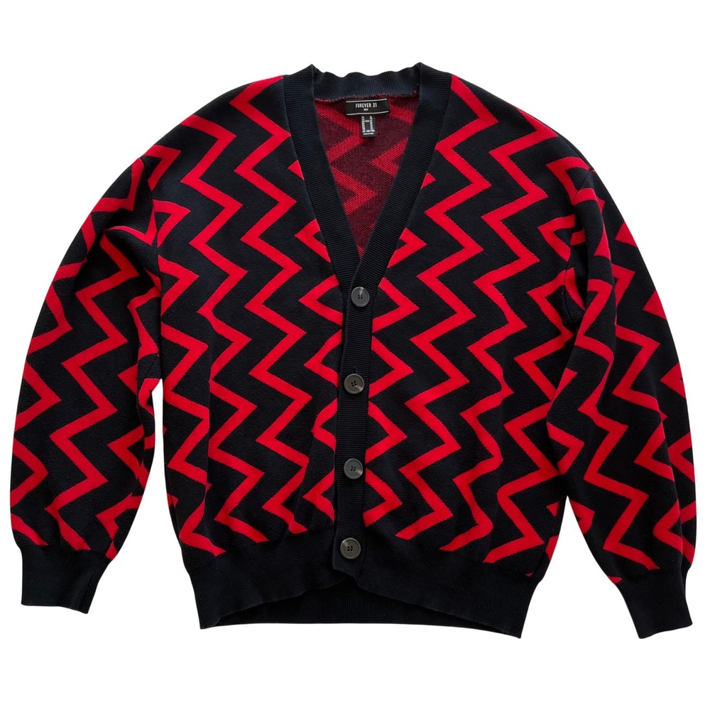 Forever 21 Men's Retro 90s Style Black Red Zig Zag Knit Cardigan Sweater Size XL